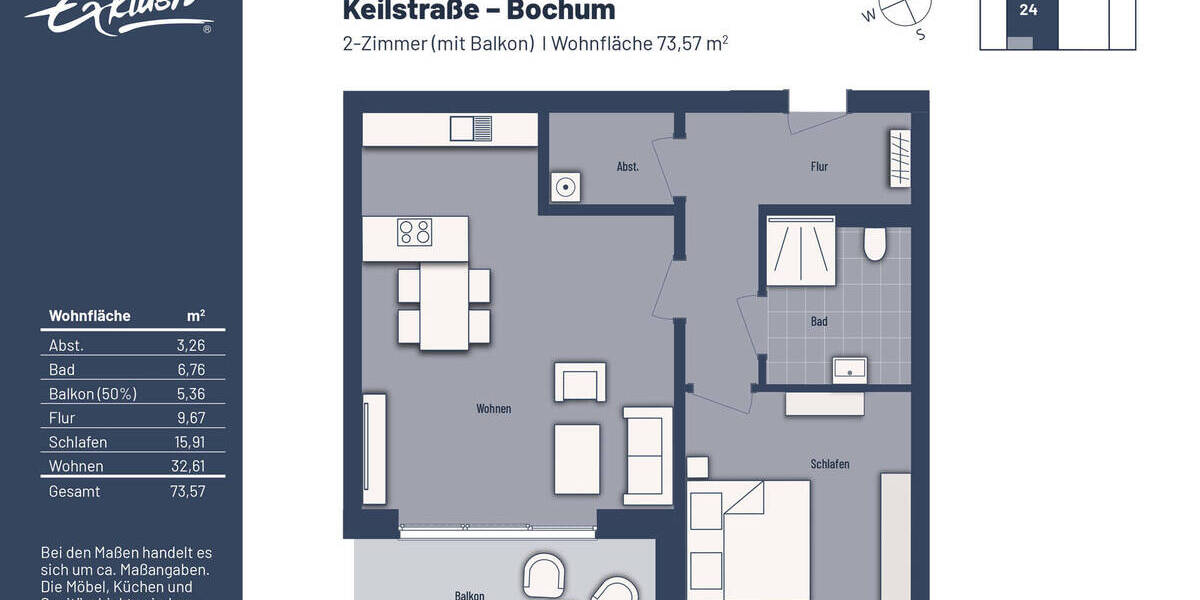 Etagenwohnung Bochum Linden - 2 Zimmer, 73 m&sup2;, 319.000&euro; | Angebot:25745251