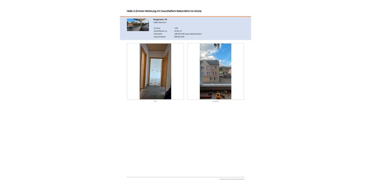 Etagenwohnung Bochum Bochum-Nord - 2.5 Zimmer, 52 m&sup2;, 480&euro; | Angebot:25981143